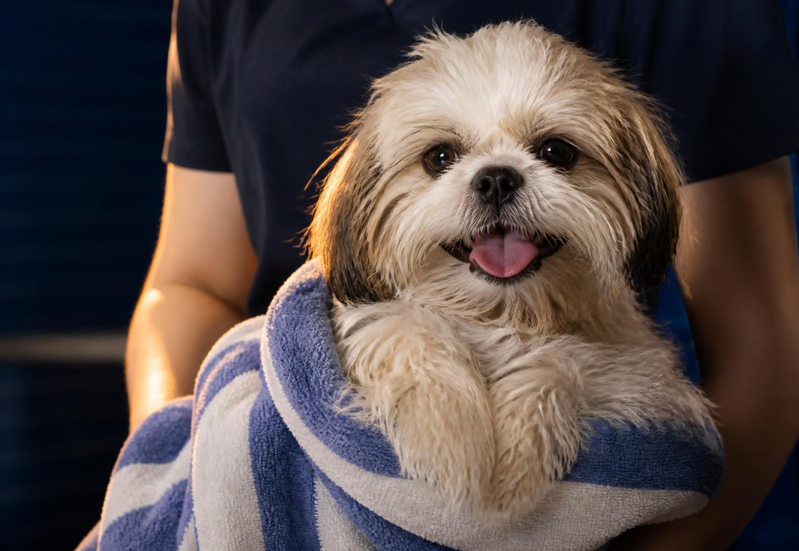 Freshly bathed dog wrapped in a soft towel held by a groomer